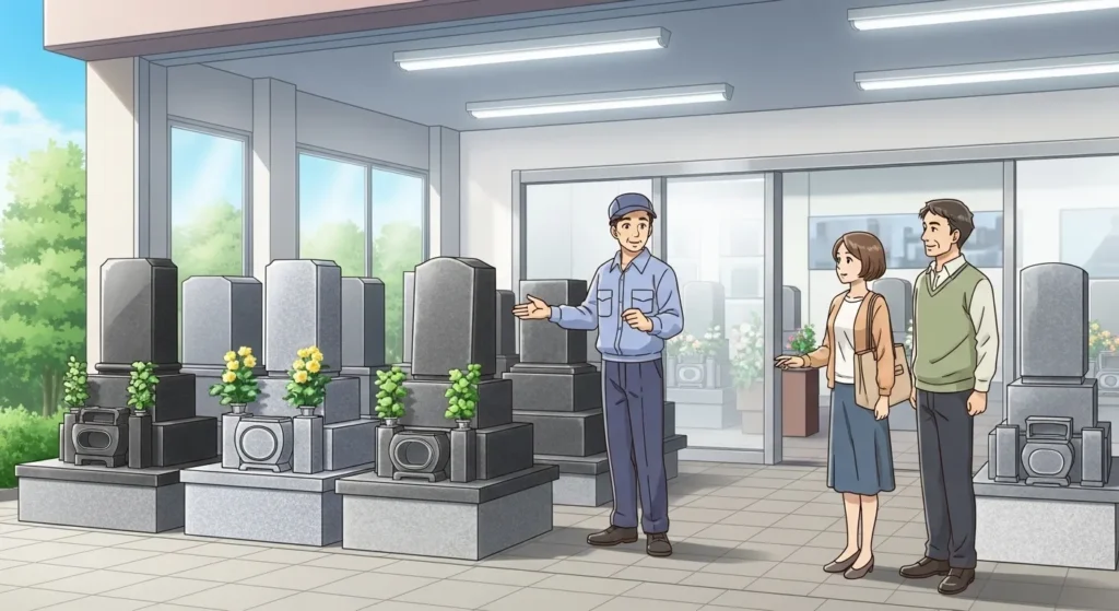 和歌山市周辺で石材店の展示場に並ぶ墓石を前に、職人が夫婦へ丁寧に説明している様子のアニメイラスト