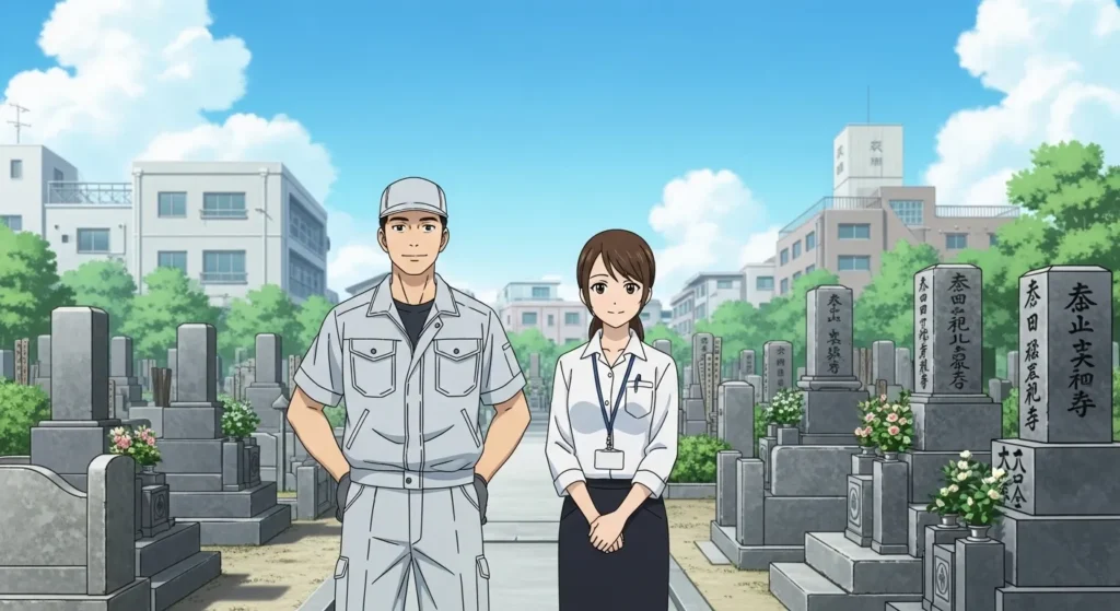 広島市の墓地で信頼できる石材店スタッフが並ぶ様子のアニメイラスト