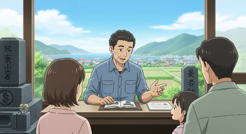 和歌山県紀南エリアの地域密着型石材店で、職人が家族にお墓について相談対応している様子のアニメイラスト