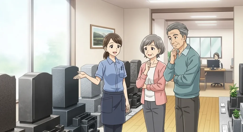 三原・東広島・呉エリアの石材店展示場で女性スタッフが墓石を案内しているアニメイラスト