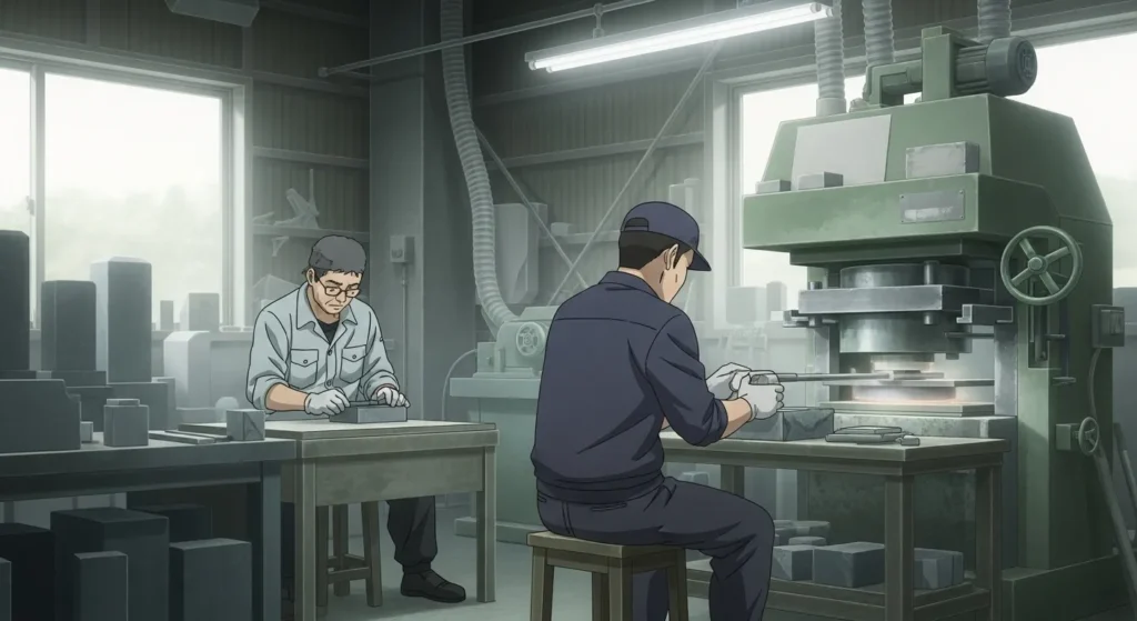 和歌山県御坊市周辺の石材店工房で、職人が機械を使い墓石加工を行っている様子のアニメイラスト