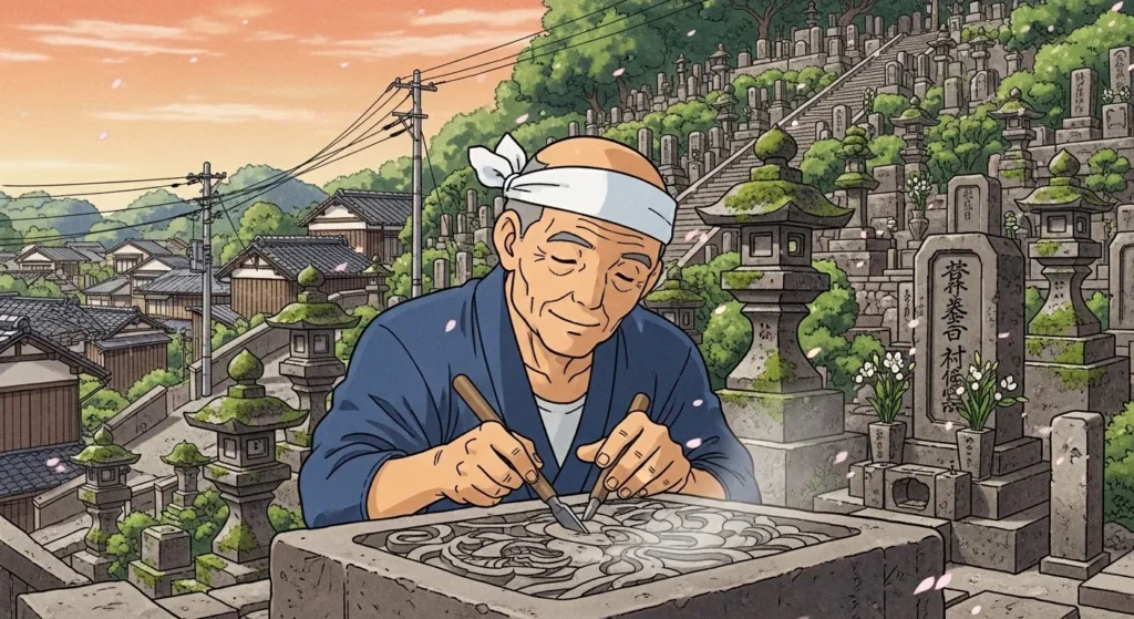 尾道・廿日市エリアの墓地で職人が墓石に彫刻を施しているアニメイラスト
