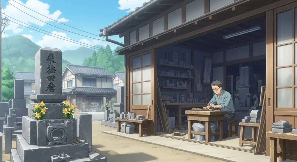 和歌山県紀北エリアの老舗石材店で、職人が工房内で墓石の加工を行っている様子のアニメイラスト