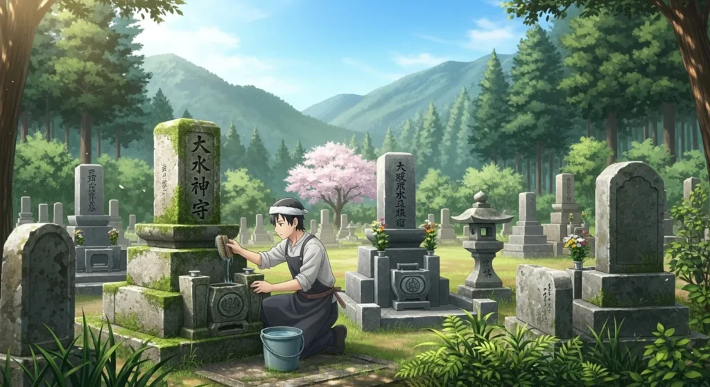三次市の山間部墓地で墓石を清掃する石材職人のアニメイラスト