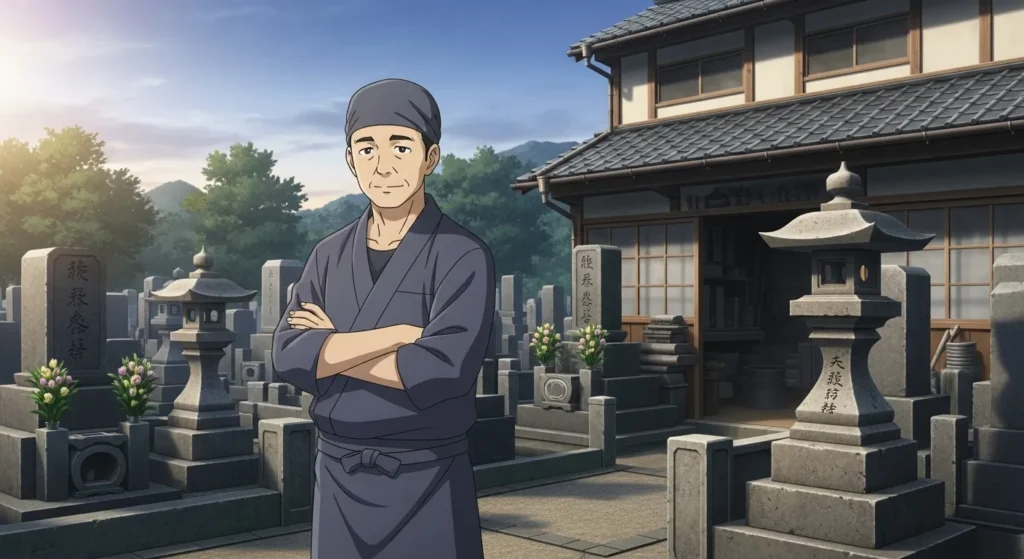 福山市の地域密着型石材店職人のアニメイラスト