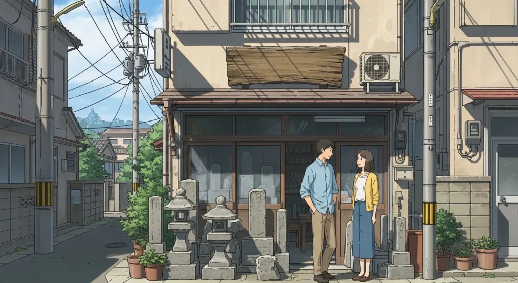 奈良県中和エリアの石材店前で墓石や灯ろうが並ぶ落ち着いた街並み