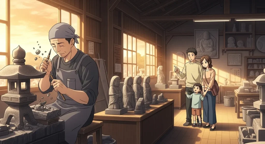 奈良県天理市の石材店で職人が墓石や石仏を加工し、家族が見学している様子