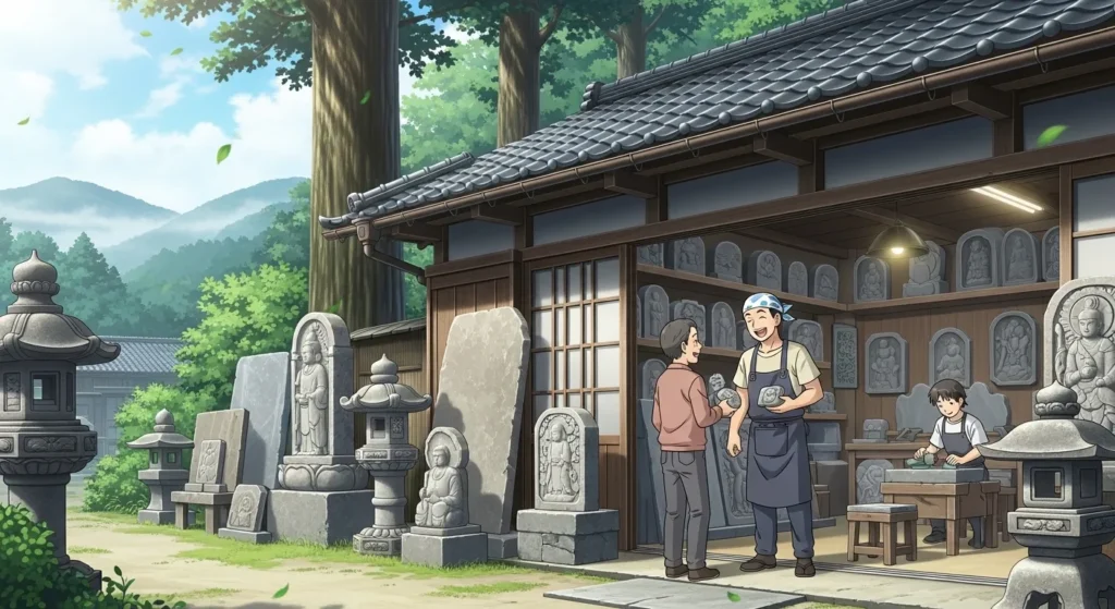 奈良県五條市・吉野町の石材店展示場で墓石や石仏を相談する家族の風景
