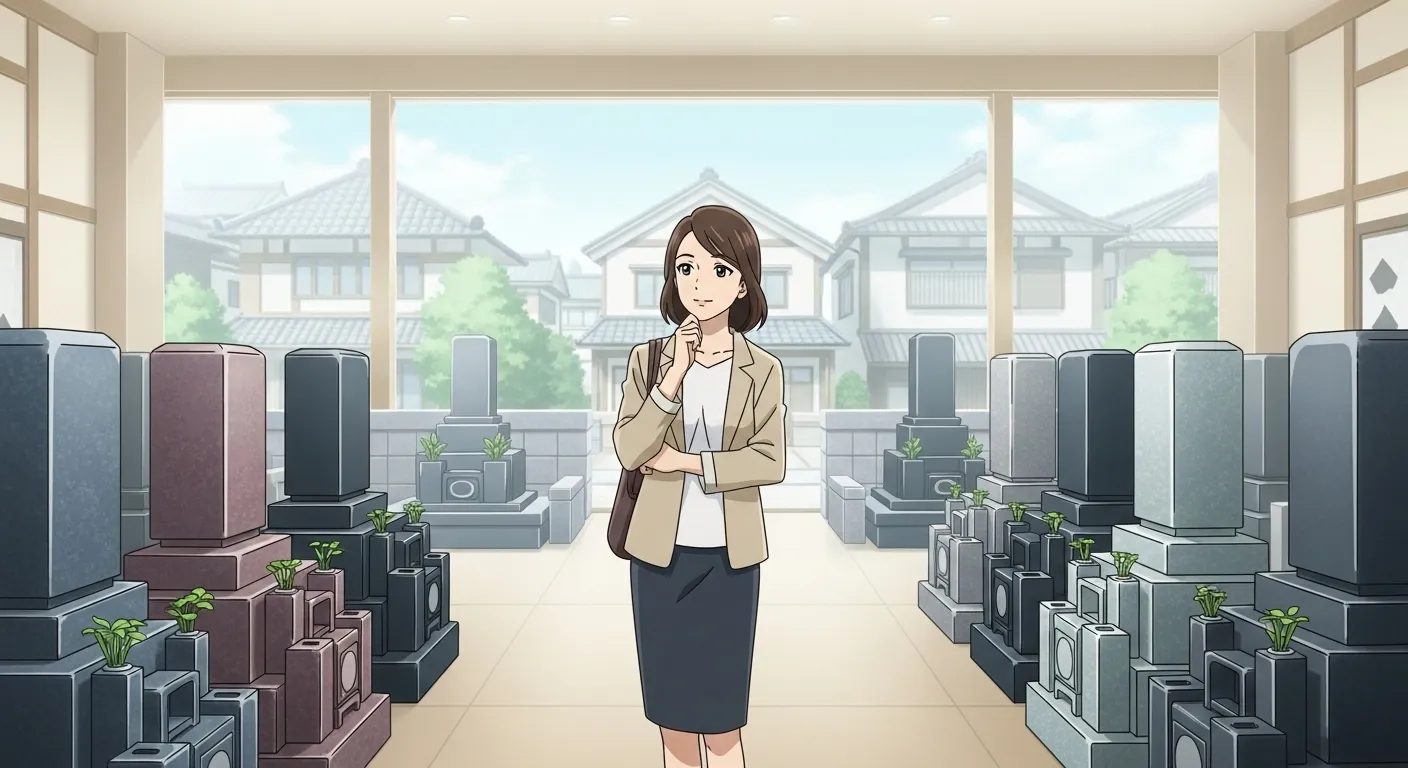 伊万里エリアの石材ショールームで、墓石を見ながら検討する女性のイラスト