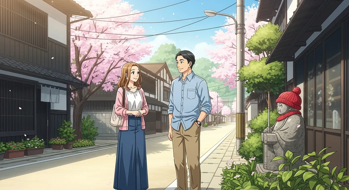 佐賀市の落ち着いた住宅街で、相談しながら歩く男女のイラスト