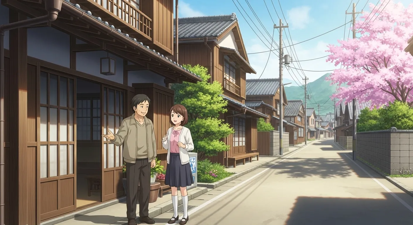 鹿島・太良エリアの静かな町並みで、地域に根ざした相談風景を描いたイラスト