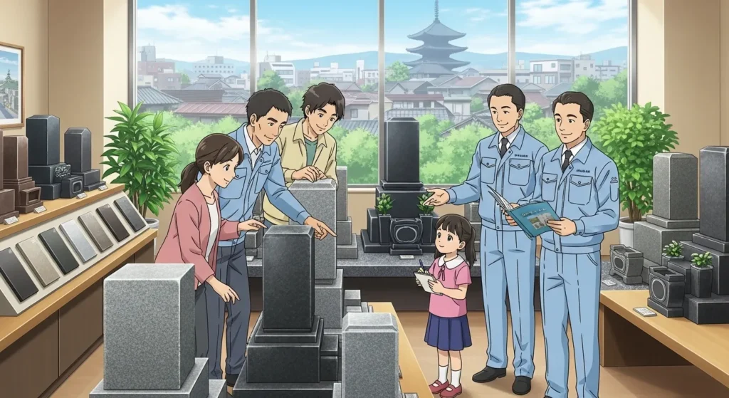 奈良市周辺の石材店展示場で墓石を比較検討する家族とスタッフの様子