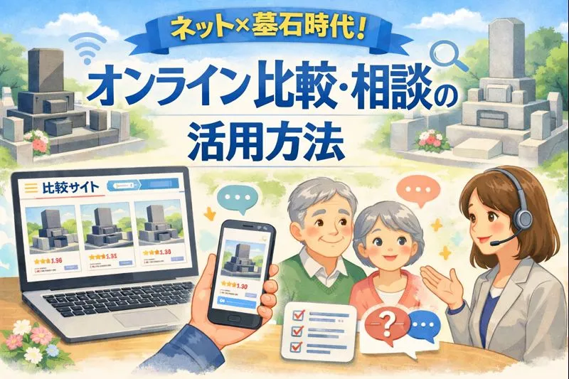 高齢の夫婦がノートパソコンとスマートフォンを使って墓石をオンラインで比較・相談している様子。ヘッドセットをつけた若い女性スタッフが笑顔で説明している。背景には墓地と墓石のイラスト、比較サイトの画面、チェックリスト、吹き出しアイコンなどが描かれ、柔らかい水彩風のタッチで表現されている。