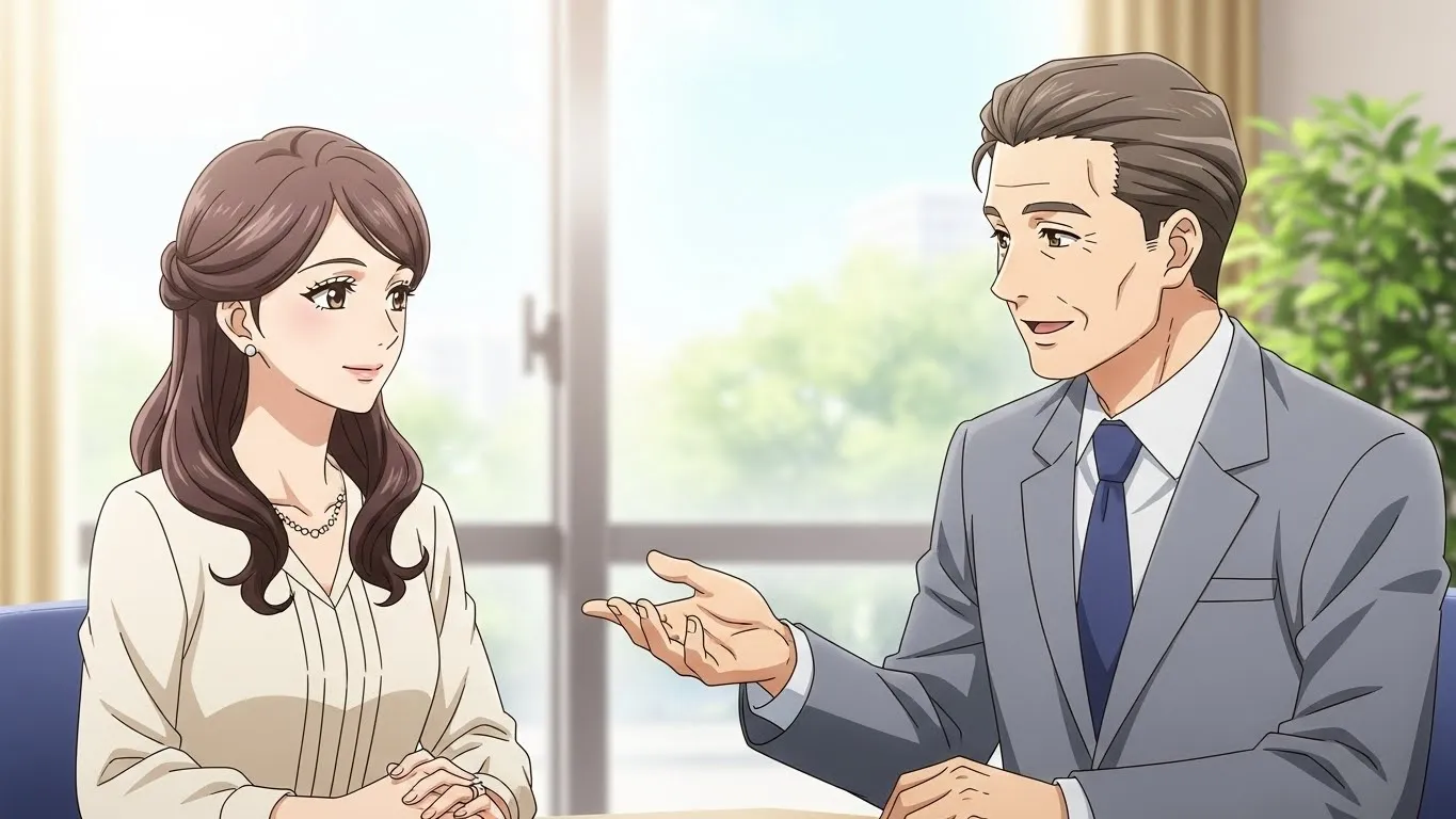 墓石や石材店について専門家に質問し、不安を解消している様子のイラスト