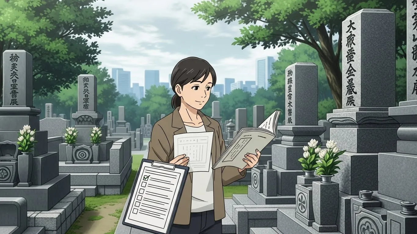墓地で資料を確認しながら石材店や墓石を比較検討している女性のイラスト