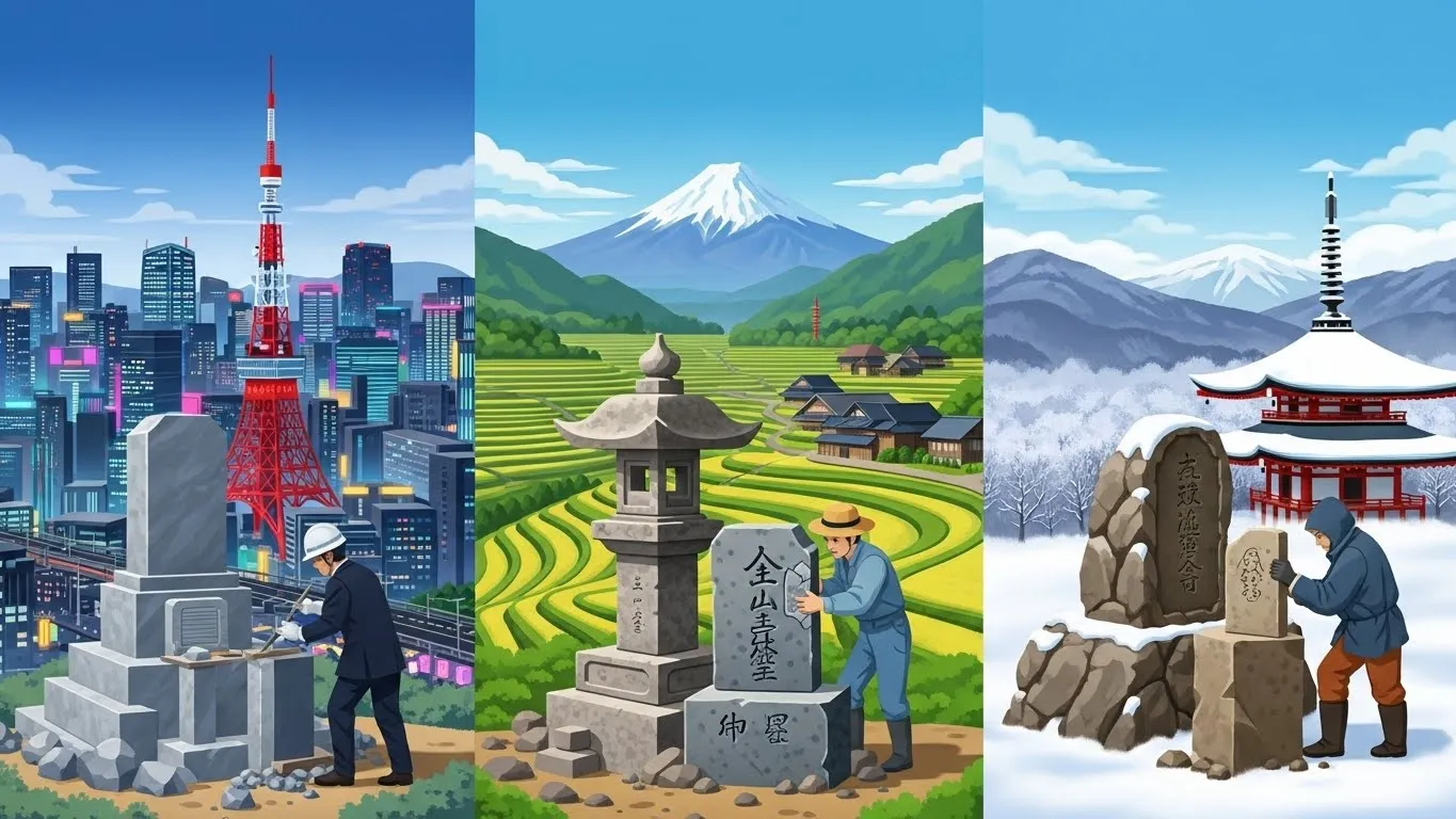 都市部・地方・寒冷地など地域ごとの違いを表現した墓石と石材店のイラスト