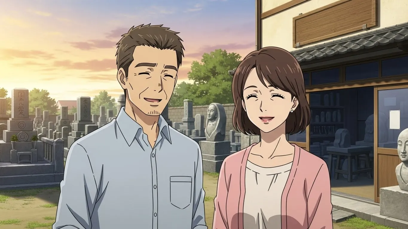 石材店で墓石について相談し、安心して検討している夫婦のイラスト