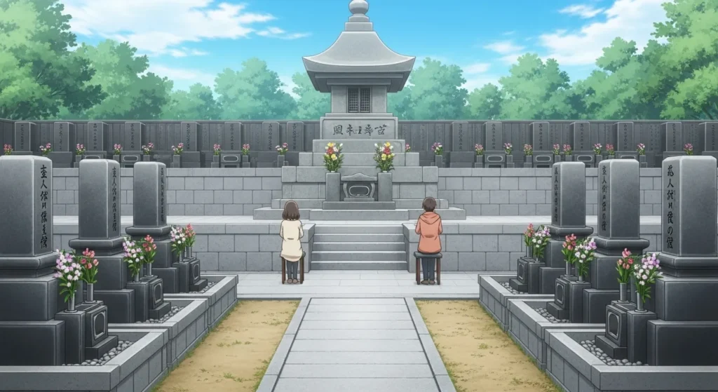 2人が一つの供養塔に納められる合祀墓で手を合わせる様子のアニメイラスト