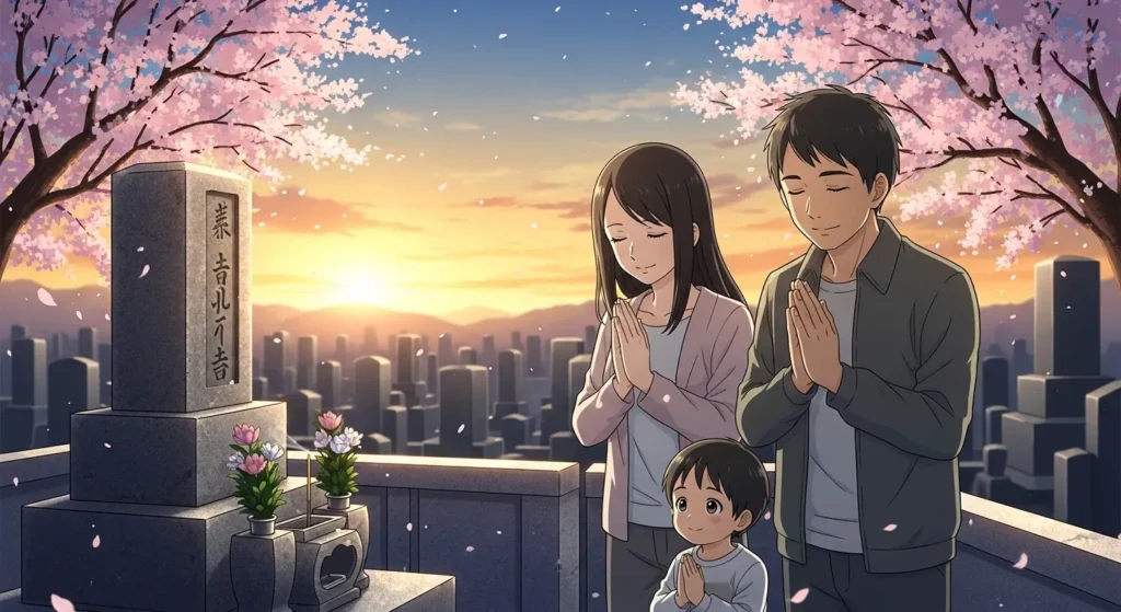 大阪で墓じまいを終え安心して手を合わせる家族の様子