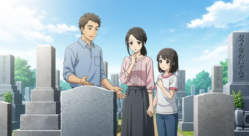 大阪市の墓地で家族が墓石の大きさや価格を検討している様子のイラスト