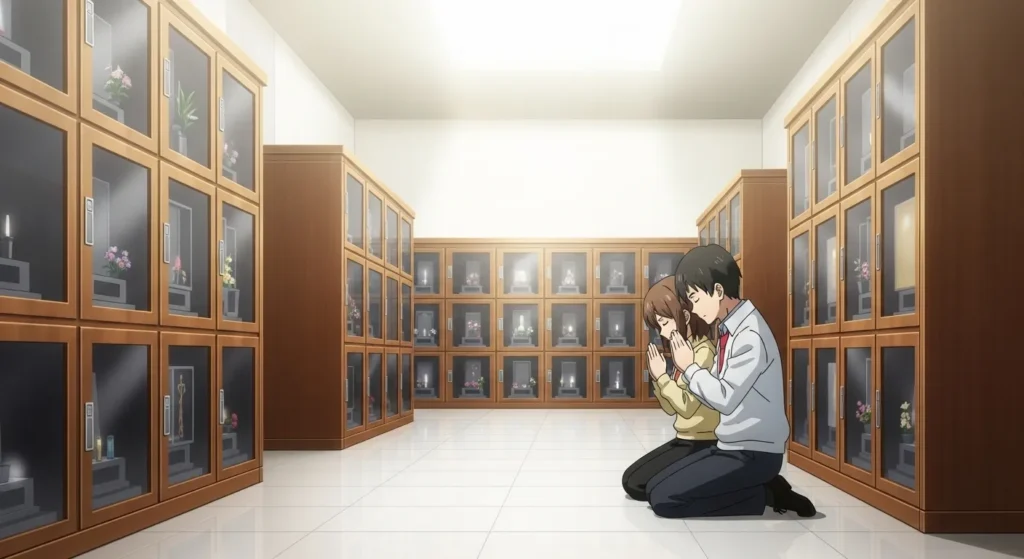 屋内型納骨堂でロッカー式の納骨壇に手を合わせる夫婦のアニメイラスト