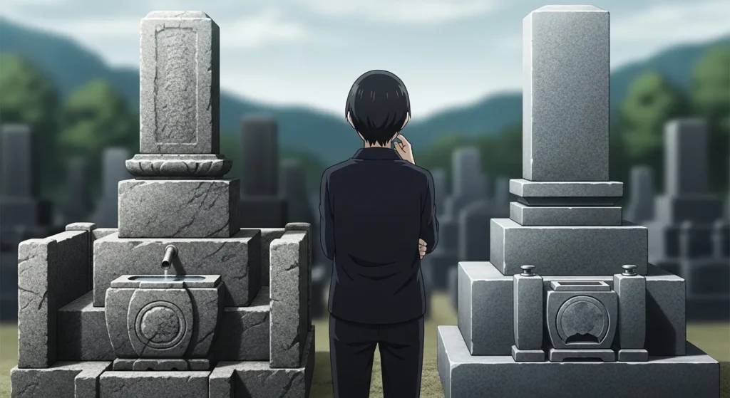 大阪で墓石を建てる際に和型と洋型の墓石デザインを比較検討する様子