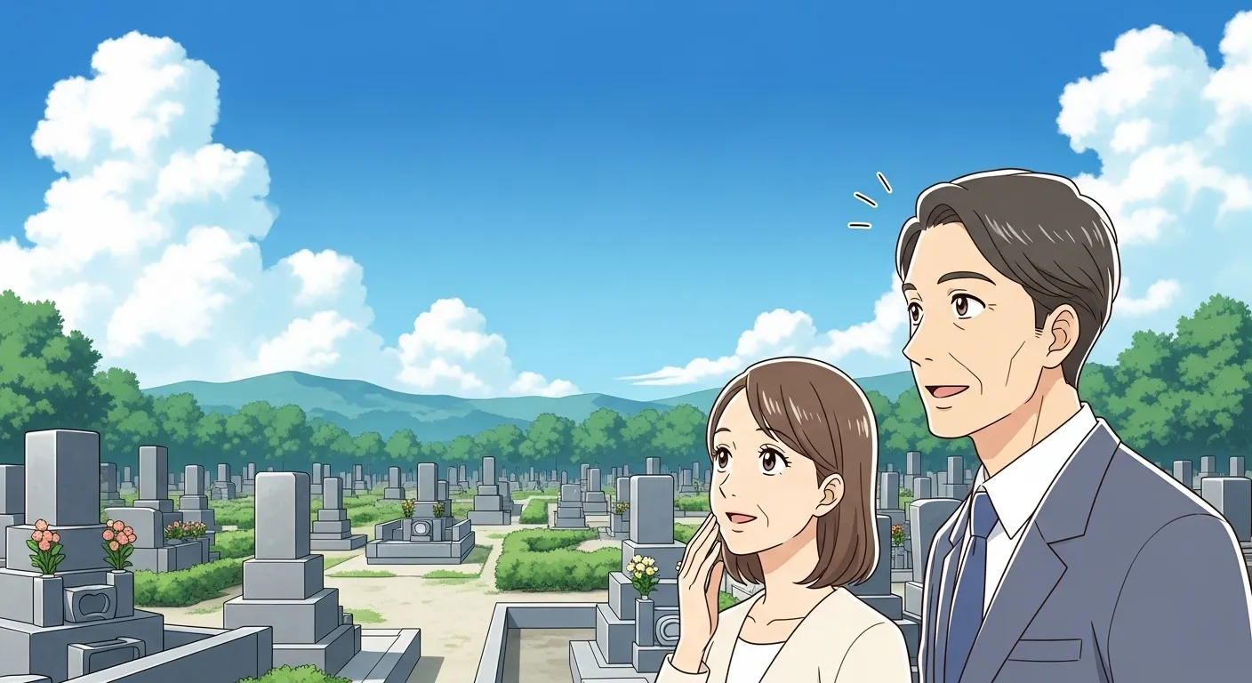 兵庫県でおすすめの石材店を探すイメージ｜墓地でお墓を検討する夫婦のアニメイラスト