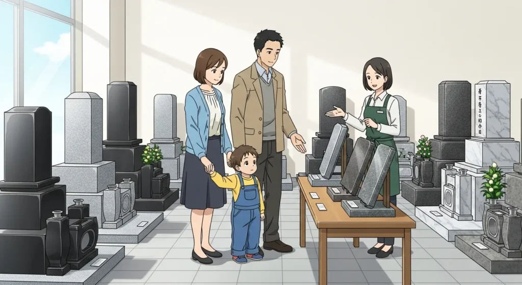 大阪の石材店で墓石を比較しながら選ぶ家族のイメージ