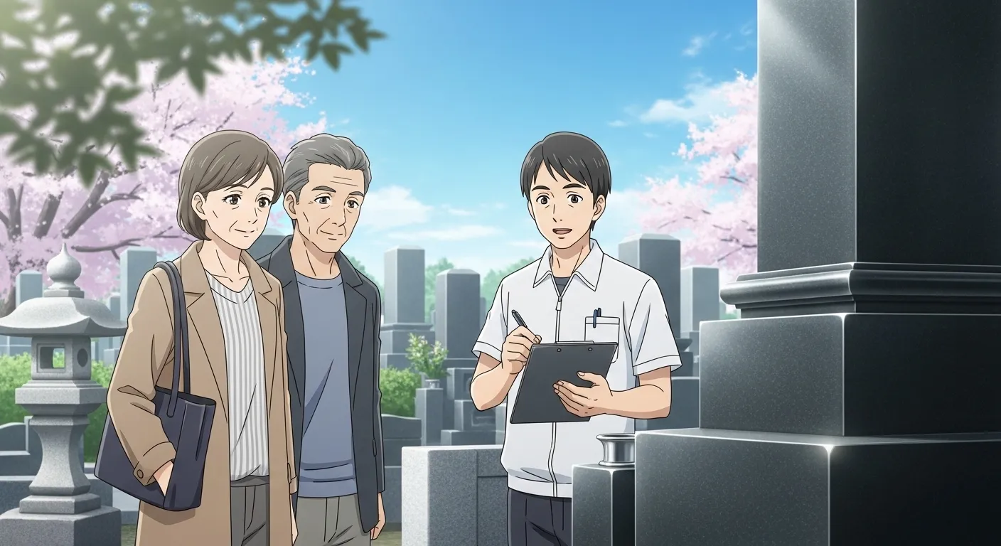大阪で墓石を建てる流れについて石材店スタッフと相談する家族のイメージ