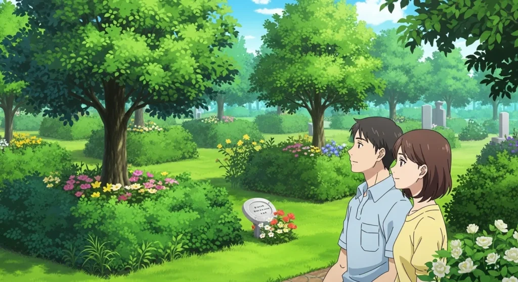 自然豊かな公園型墓地で樹木葬を見学する夫婦のアニメイラスト