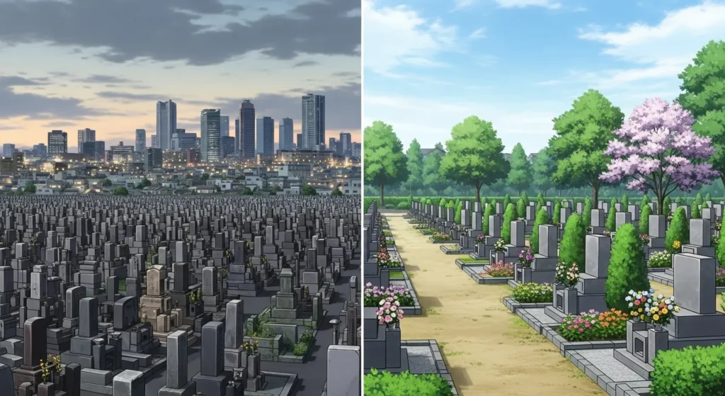 大阪市内と郊外の霊園を比較した墓石の風景