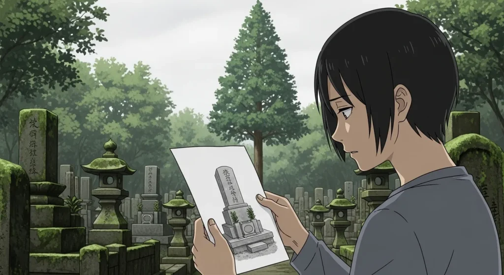 大阪で墓石建立の契約書を確認し慎重に検討する人物のイメージ