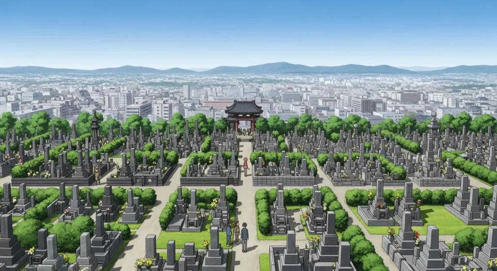 大阪市内の大規模な墓地と市街地の様子を描いた俯瞰イラスト