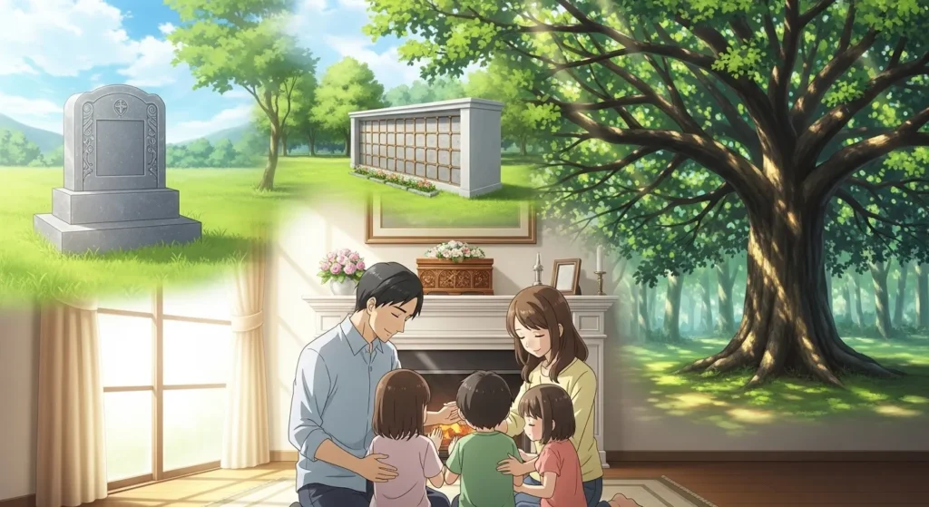 墓じまい後に永代供養や樹木葬を検討する家族のイメージ