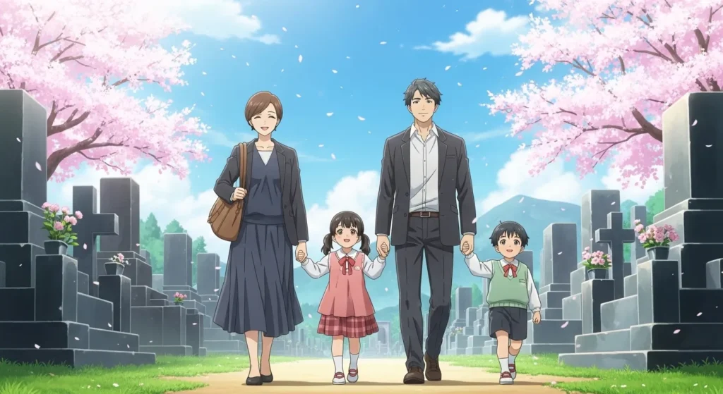 大阪の霊園で墓石費用を総額で考える家族のイメージ