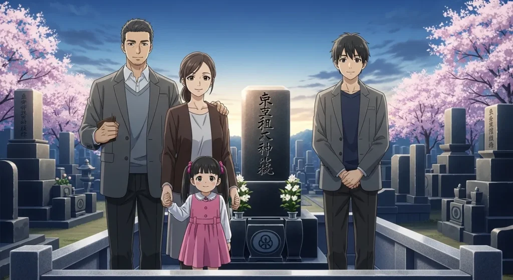 大阪市の墓地で家族がお墓参りをしている様子のイラスト