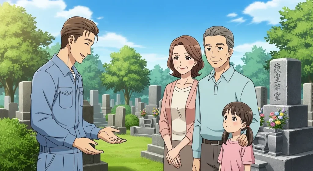 大阪で墓石費用について質問する家族と石材店スタッフ