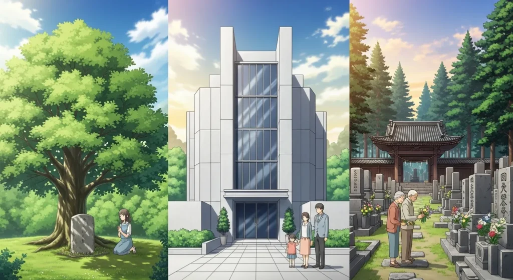 大阪で選べる永代供養の種類(樹木葬・納骨堂・寺院墓地)の比較イメージ