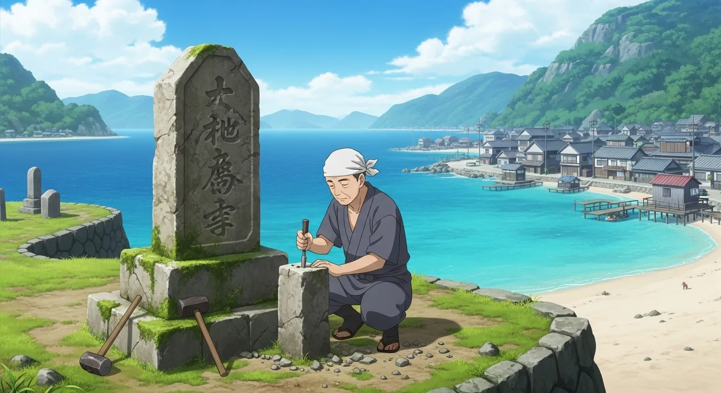 隠岐の島町の石材店で墓石作業を行う職人と島の風景