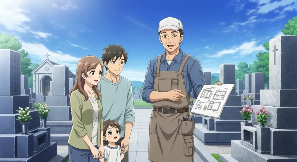 大阪の霊園で墓じまいについて石材店スタッフが家族に説明する様子