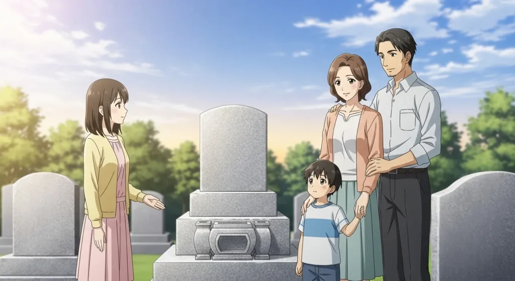 大阪で墓石費用の説明を受ける家族の様子