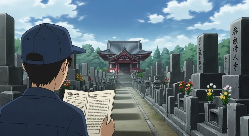 大阪の寺院墓地で見積書を確認する男性の後ろ姿