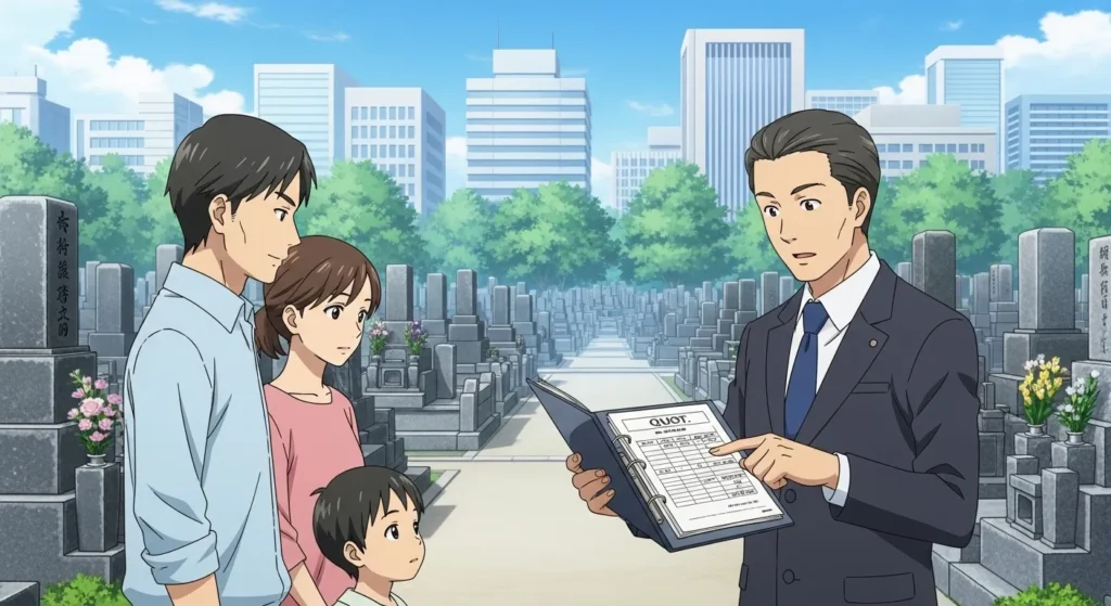 大阪の墓地で石材店スタッフが家族に見積書を説明している様子