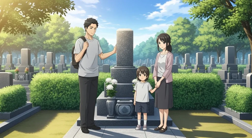 大阪で墓石を建てる流れを終え、完成した墓石の前に立つ家族のイメージイラスト