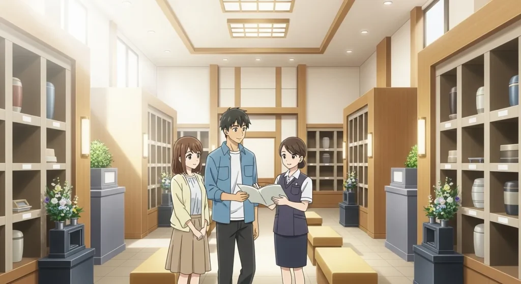 大阪の納骨堂で永代供養について説明を受ける夫婦