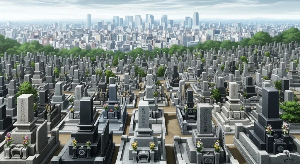 大阪市内を背景に広がる霊園と墓石の風景