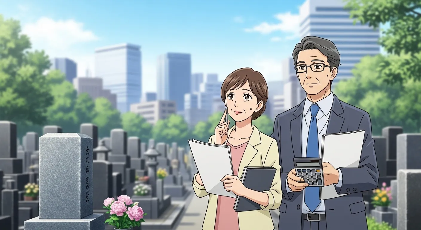 大阪の霊園で墓じまい費用の見積書と電卓を確認する夫婦