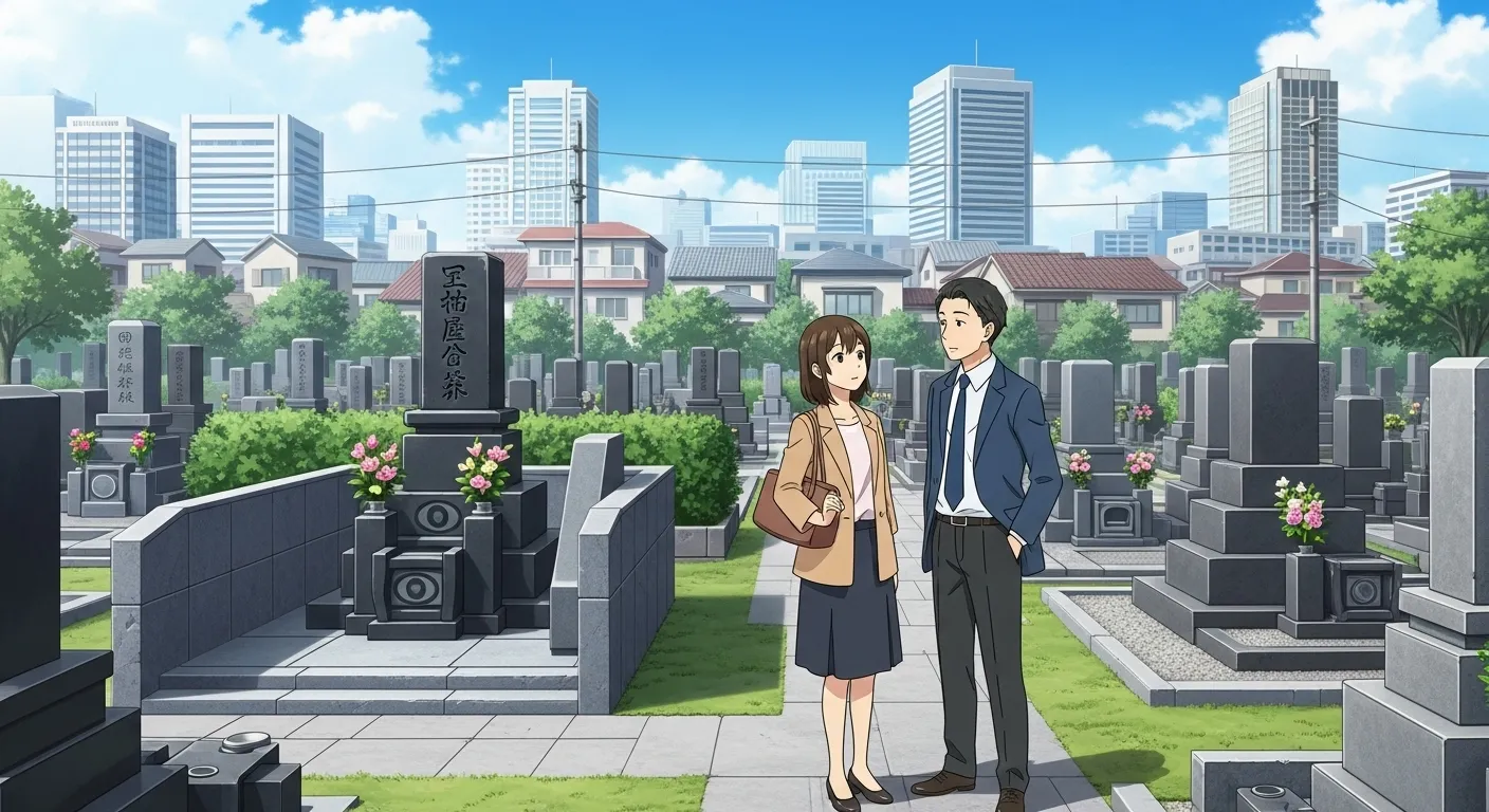 神戸市内の霊園でお墓を相談する夫婦のアニメイラスト｜神戸・阪神エリアの石材店選びイメージ