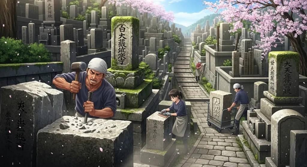 大阪の霊園で墓石を解体する石材職人の作業風景