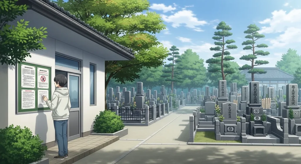 大阪の霊園で施工規定や掲示板を確認する人物のイメージイラスト